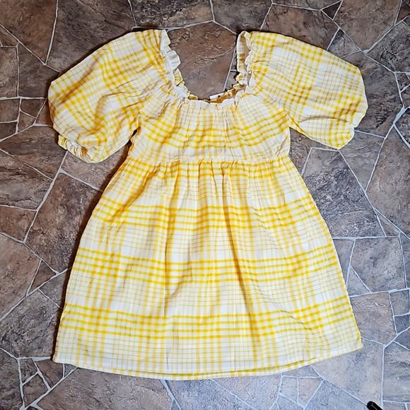 NWT Lush Puff Sleeve Sunshine Plaid Mini Dress in Yellow Sz Small - Picture 6 of 8
